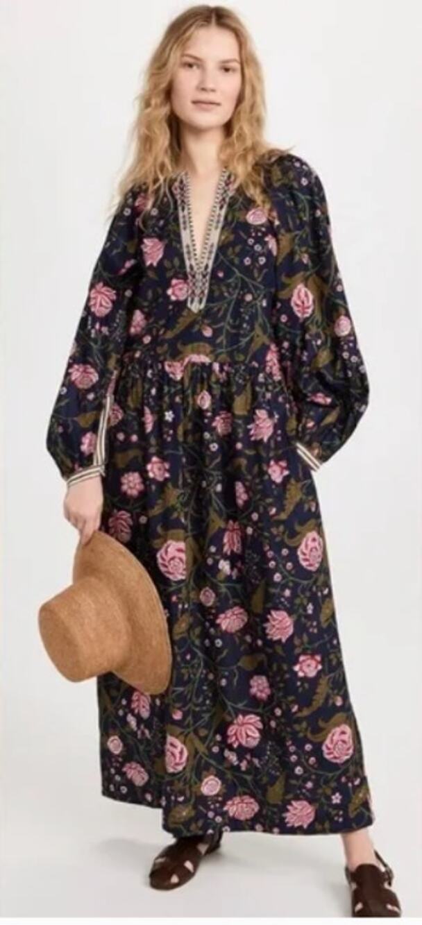 Alix of Bohemia Celeste Peony V-Neck Maxi Dress Embroidered Trim Womens Medium
